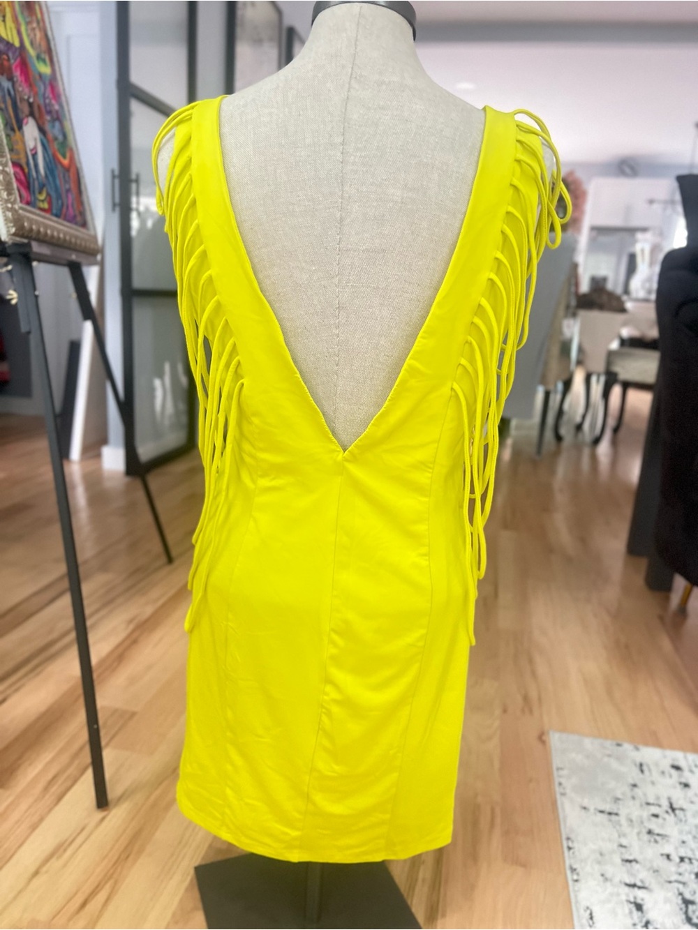 Fashion Nova Bright Yellow V-Neck Satin Dress with Fringe Straps - Picture 5 of 7